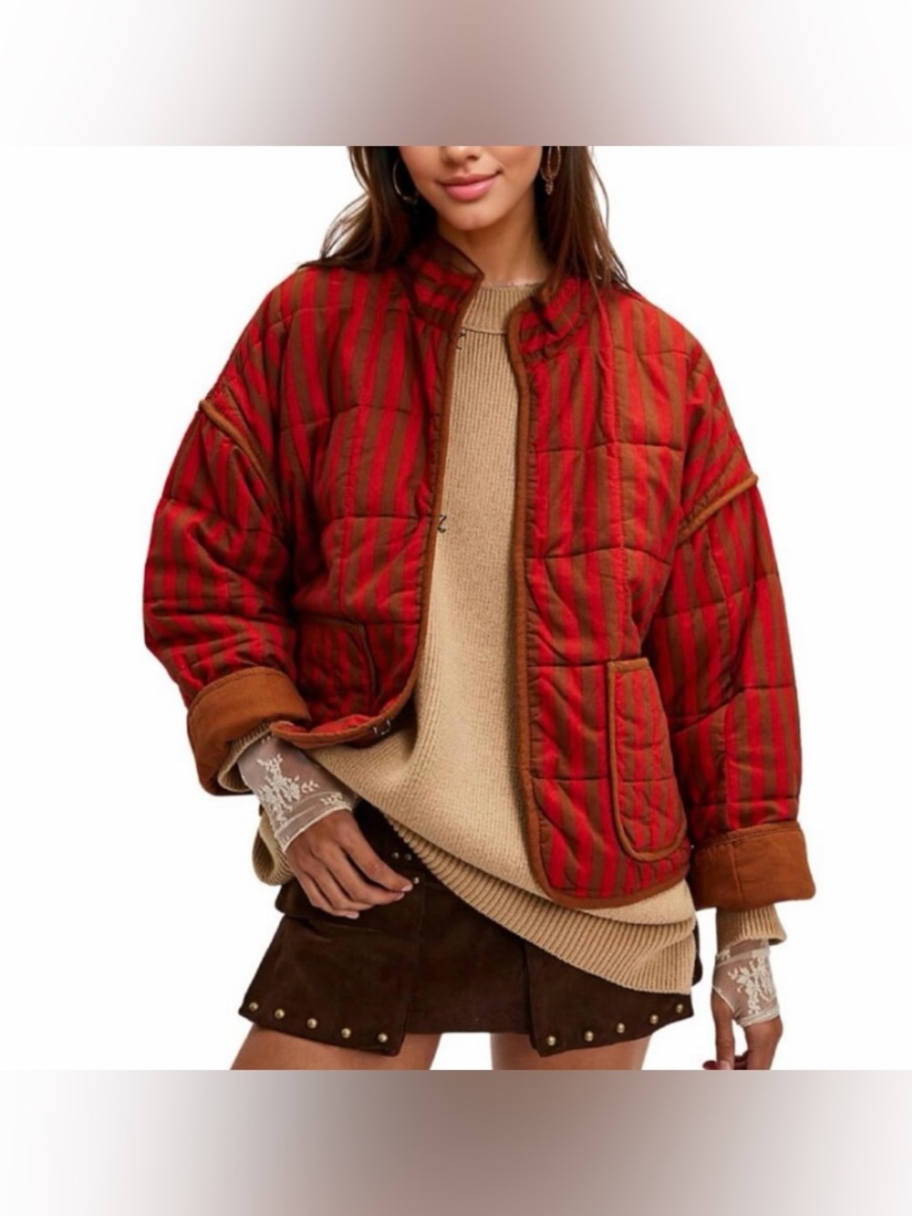 Free People Chloe striped red and brown quilted jacket